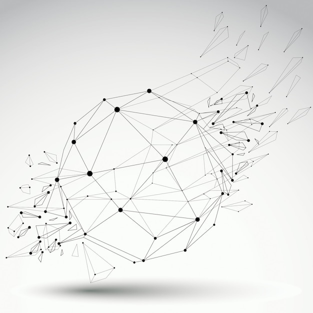 Vector dimensional wireframe object, spherical demolished shape with refractions and wreckage. 3d mesh technology element broken into pieces.