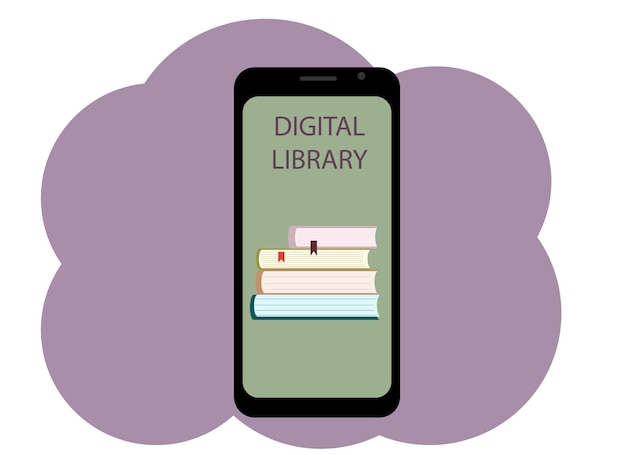 Vector drawing of a mobile phone with the image of books and the text digital library