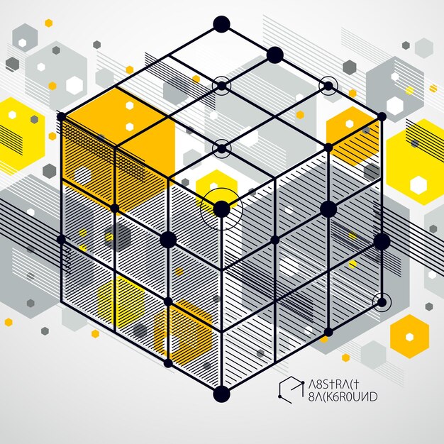 Vector drawing of yellow industrial system created with lines and 3D cubes. Modern geometric composition can be used as template and layout.
