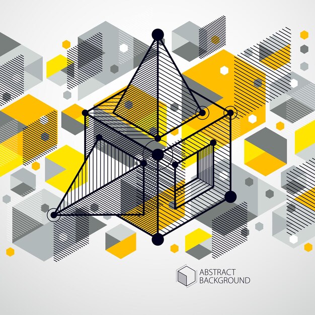 vector drawing of yellow industrial system created with lines and 3d cubes. modern geometric composition can be used as template and layout.