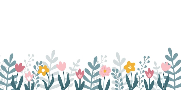 Vector floral horizontal banner with hand drawn flowers and leaves and copy space for text on white