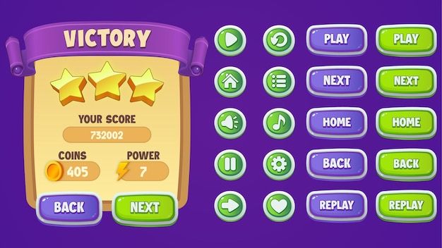 vector game ui kit. complete set of victory menu scene pop up, icons, and buttons with editable text