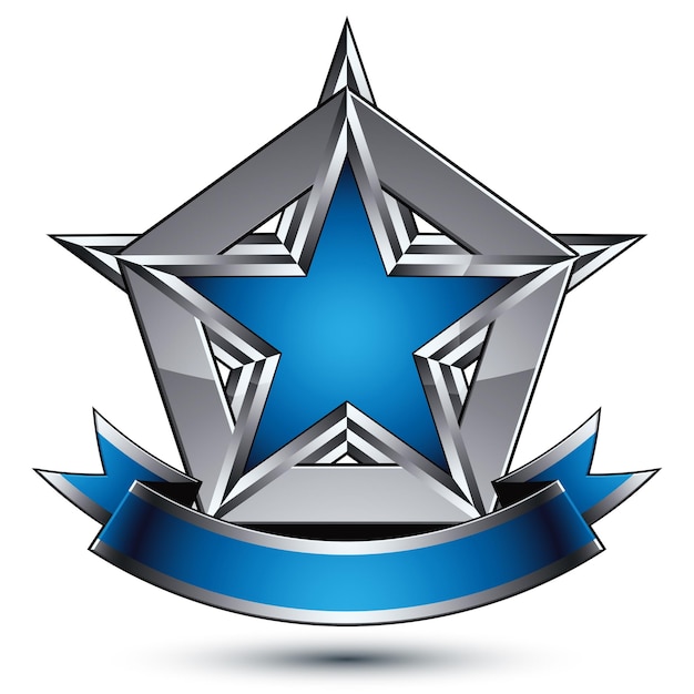 Vector glorious glossy design element, luxury blue 3d star with silver outline, conceptual graphic template, clear EPS 8 gray decorative symbol.