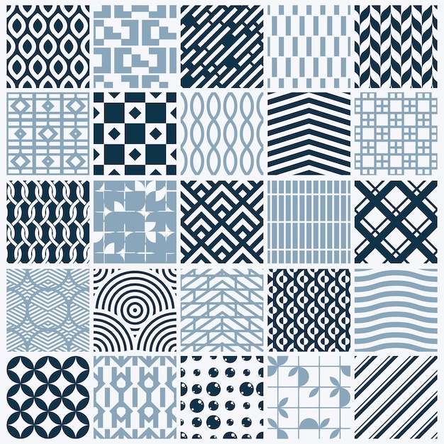 Vector graphic vintage textures created with squares, rhombuses and other geometric shapes. Monochrome seamless patterns collection best for use in textiles design.
