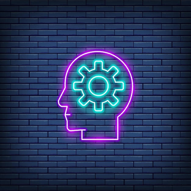 Vector head with gear brain process knowledge think idea neon sign