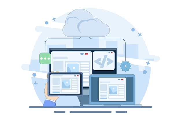 vector illustration about cloud based web hosting concept or website hosted on cloud server