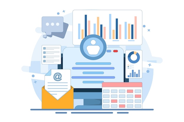 vector illustration about User profile and analytics concept on screen with email notifications