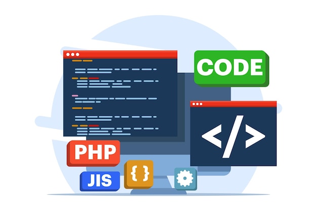 vector illustration about Web development concept or web designing with computer programming