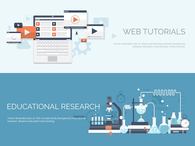 Vector illustration flat study backgrounds set education online courses web tutorials elearning