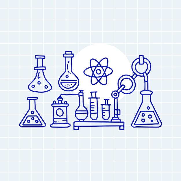vector illustration laboratory equipment including flasks test tubes chemical apparatus minimalist blue line art style on grid background science chemistry research and education