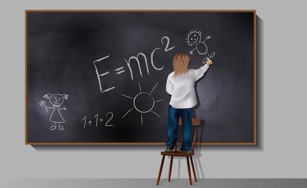 Vector illustration of a child on the background of the formula of the theory of relativity written