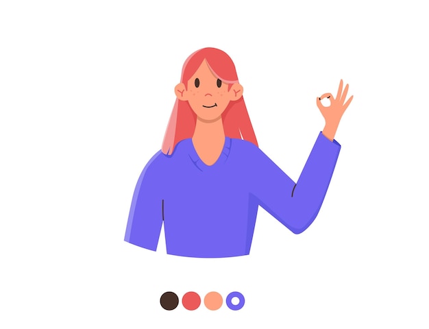 Vector illustration of a girl in a simple style that shows the ok sign