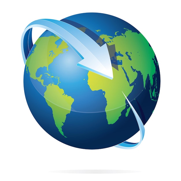 Vector illustration of earth with blue arrows circle over it isolated on white
