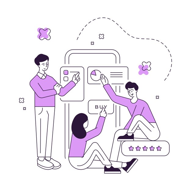 Vector illustration of people browsing graphs on smartphone and buying goods in online store