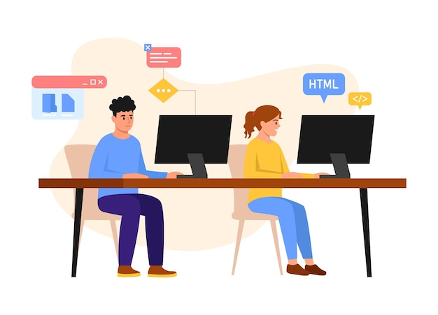 Vector illustration of talented programmersCartoon scene of programmers boy and girl sitting at a computer creating HTML code for displaying web pages sites programs isolated on white background