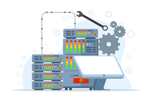 vector illustration of the concept of hardware and software maintenance or technical support