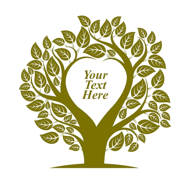 Vector illustration of tree with leaves and branches in the shape of heart with blank copy space. Love and motherhood idea image. You are free to write your text here.