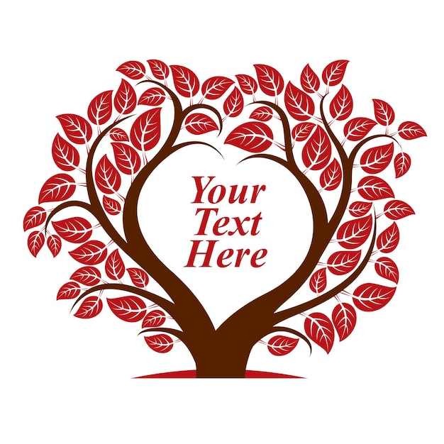 Vector illustration of tree with leaves and branches in the shape of heart with blank copy space. Your text here.