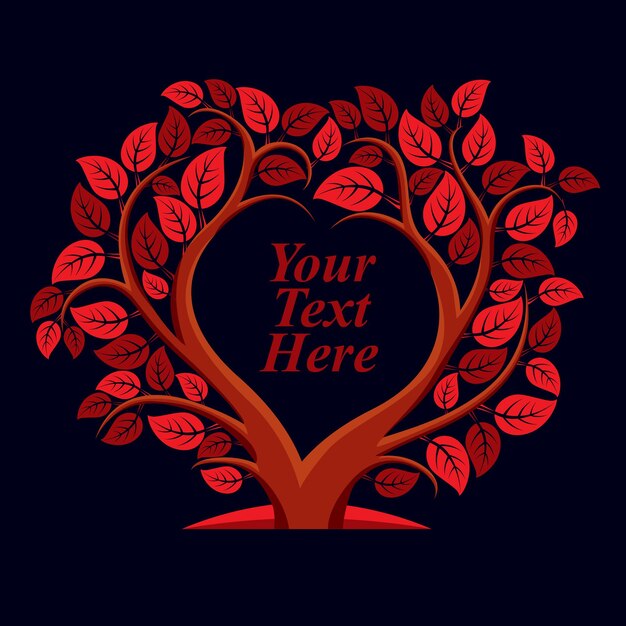 Vector illustration of tree with leaves and branches in the shape of heart with blank copy space. Your text here.