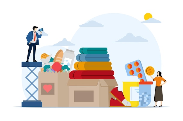 vector illustration people provide assistance in the form of money clothes and medicine voluntarily