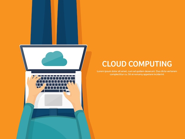 Vector illustration workplace table with documents computer flat cloud computing background media