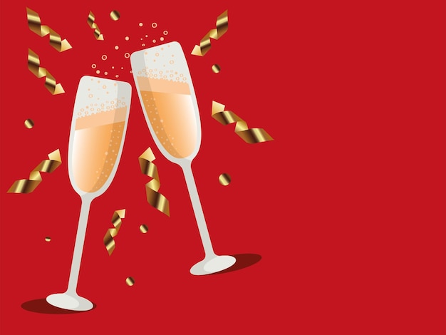 Vector image New year greeting card Glasses of champagne and confetti with streamer 2022