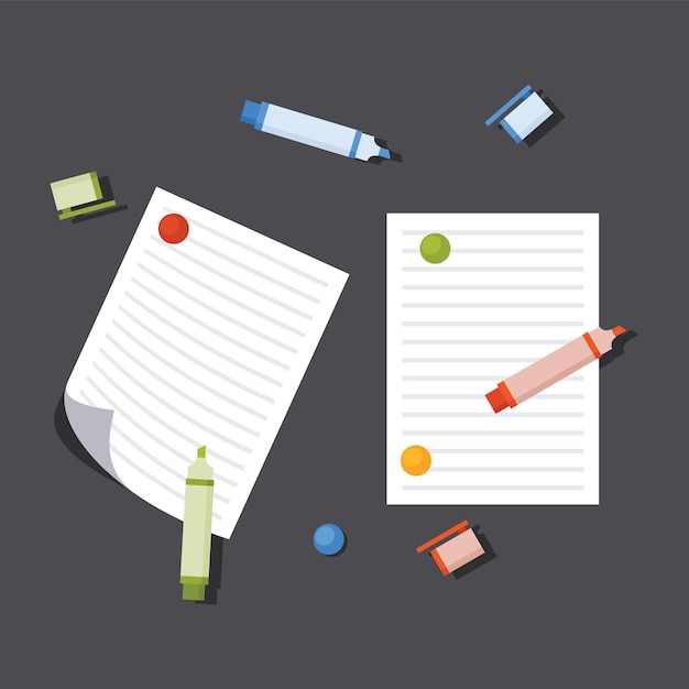 vector image of paper sheets and markers isolated on transparent background