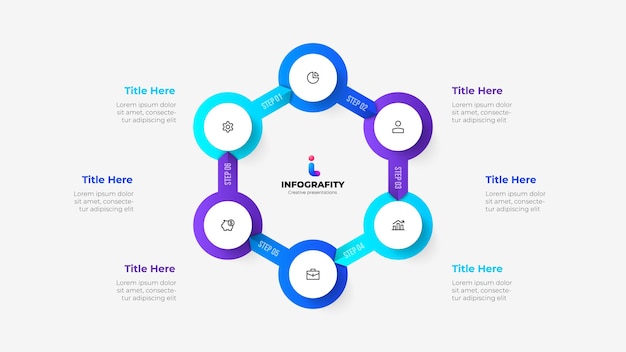 vector infographic cycle diagram with 6 options hexagon with circles connected by arrows