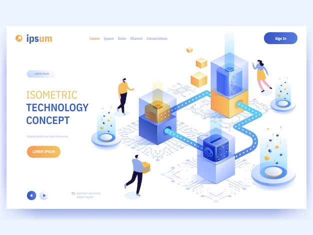 Vector landing page of Isometric Technology concept Teamwork cooperation developers work on project together Creation of products programs or services Character illustration of advertising banner