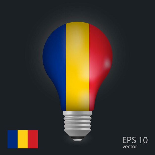Vector light bulb with flag of Romania 3D rendering isolated on gray background