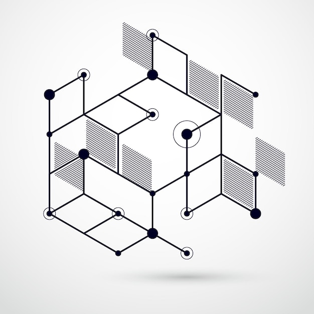vector of abstract geometric 3d cube pattern and black and white background. layout of cubes, hexagons, squares, rectangles and different abstract elements.