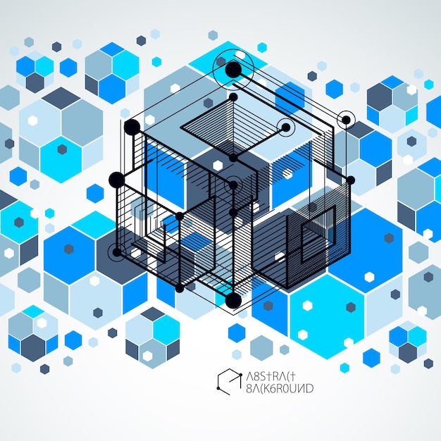 Vector of abstract geometric 3D cube pattern and blue background. Layout of cubes, hexagons, squares, rectangles and different abstract elements.