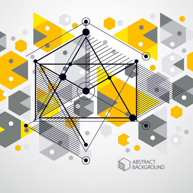 Vector of abstract geometric 3D cube pattern and yellow background Layout of cubes hexagons squares rectangles and different abstract elements