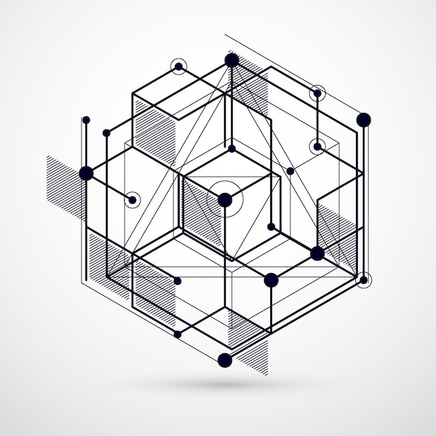 Vector of modern abstract cubic lattice lines black and white background. Layout of cubes, hexagons, squares, rectangles and different abstract elements. Abstract technical 3D background.