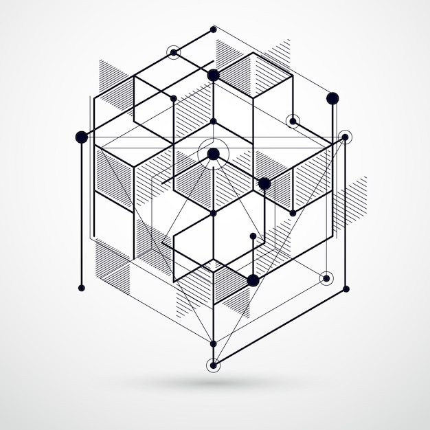 Vector of modern abstract cubic lattice lines black and white background. Layout of cubes, hexagons, squares, rectangles and different abstract elements. Abstract technical 3D background.