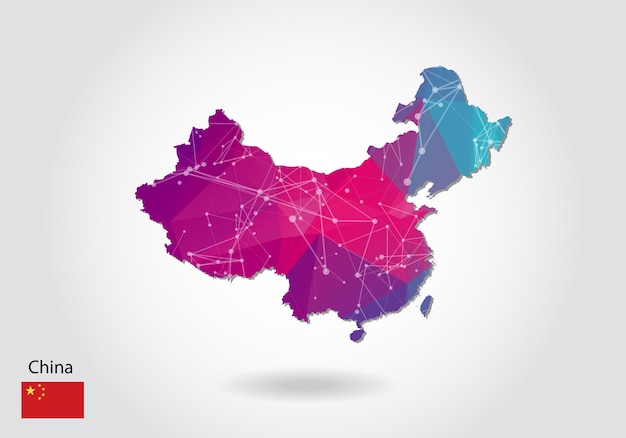 Vector polygonal china map. Low poly design. map made of triangles on white background. geometric rumpled triangular low poly style gradient graphic, line dots, UI design.
