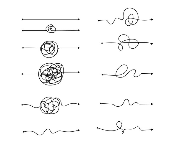 Vector psychotherapy complex chaos mess order path Messy drawn sketch purpose simple ball concept