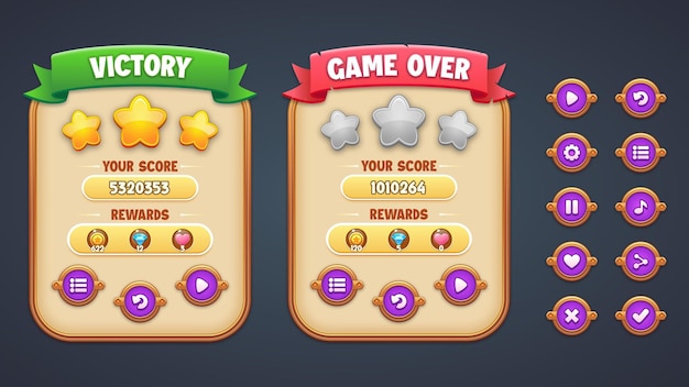vector purple theme premium game ui kit set of victory and gameover pop up icons and buttons
