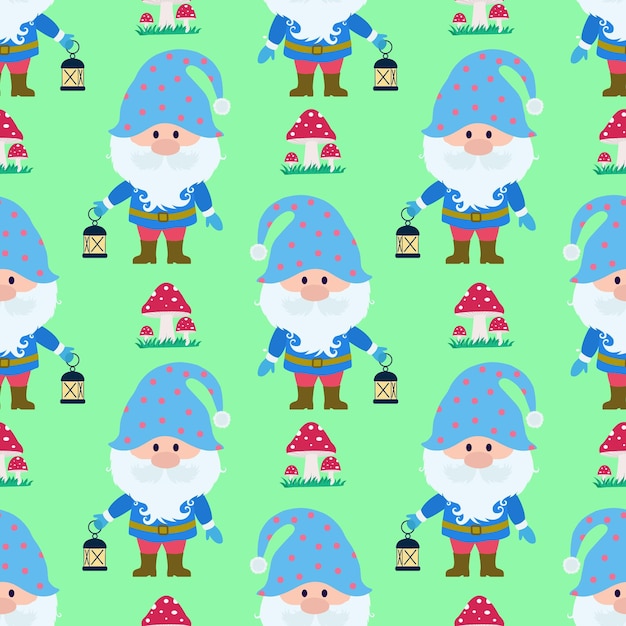 Vector seamless pattern with the image of a gnome, a lantern and stars. Seamless vector printing