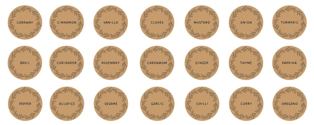 vector set isolated food labels or stickers use to label kitchen food containers with spices labels stickers homemade stickers botanical frame and spice name in english