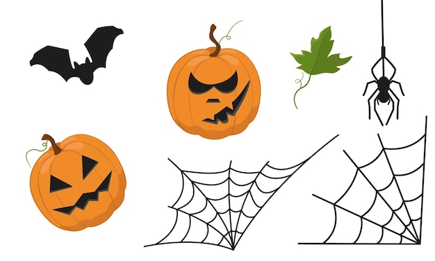 Vector set of design elements for Halloween Color image of a pumpkin with faces a spider with a web