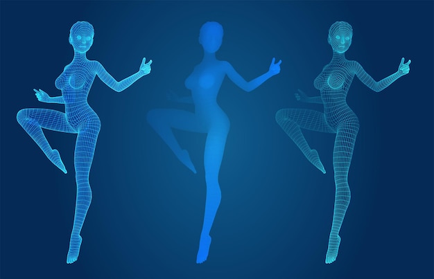 Vector set of female figures in dance poses on the background