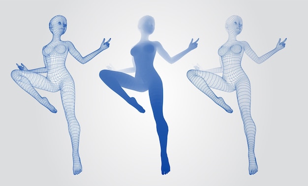 Vector set of female figures in dance poses on the background