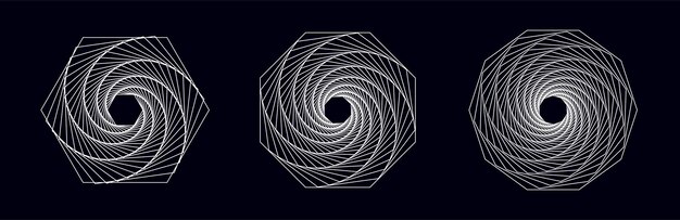 Vector set of twisted geometry figures Spirals fractal element Sacred geometry with lines in the form hexagon octagon decagon