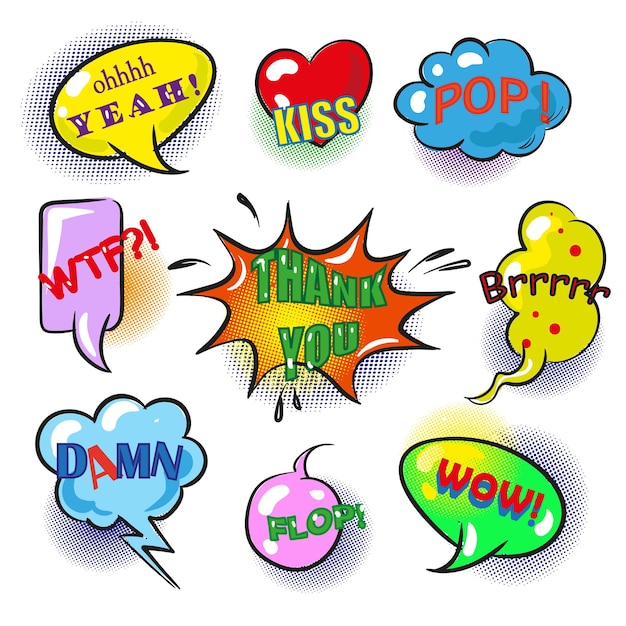 Vector set of vintage pop art speech bubbles with fashion phrases and expressions Yeah Thank you Wow Damn Flop Kiss Pop etc