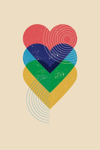 Vector vintage poster with abstract geometric shapes hearts Risograph style