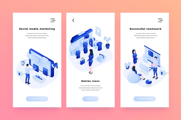 Vector web banners templates set with isometric people characters for websites or mobile apps 3d isometric vector illustration Social media marketing online store and successful teamwork concepts