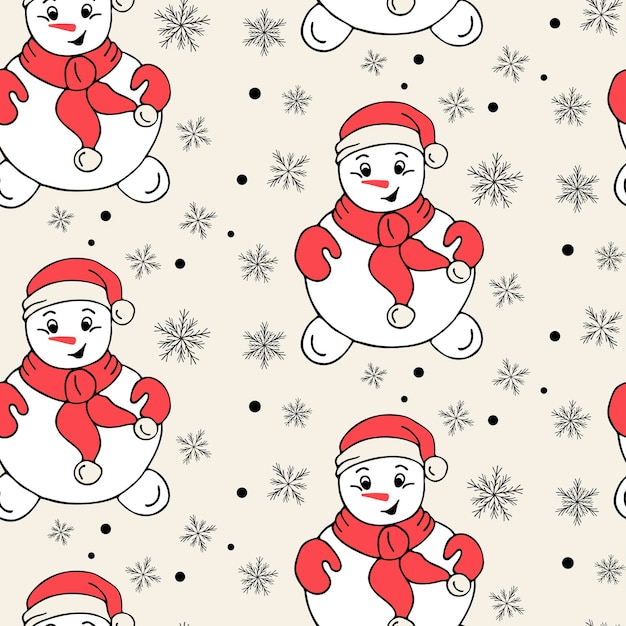 vector winter seamless pattern of snowmen and snowflakes on a light background