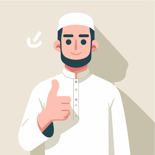 Vektor karakter av en muslimsk fyr som uttrykker et tommel opp i en flat designstil