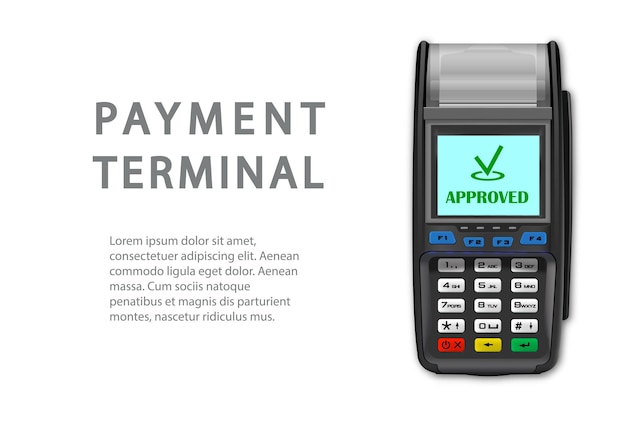 Vektor Realistisk svart 3d Betalingsmaskin En nærbilde POS-terminal med en plass for tekst på en hvit bakgrunn Mal for en bankbetalingsterminal NFC betalingsbehandlingsenhet Toppvisning